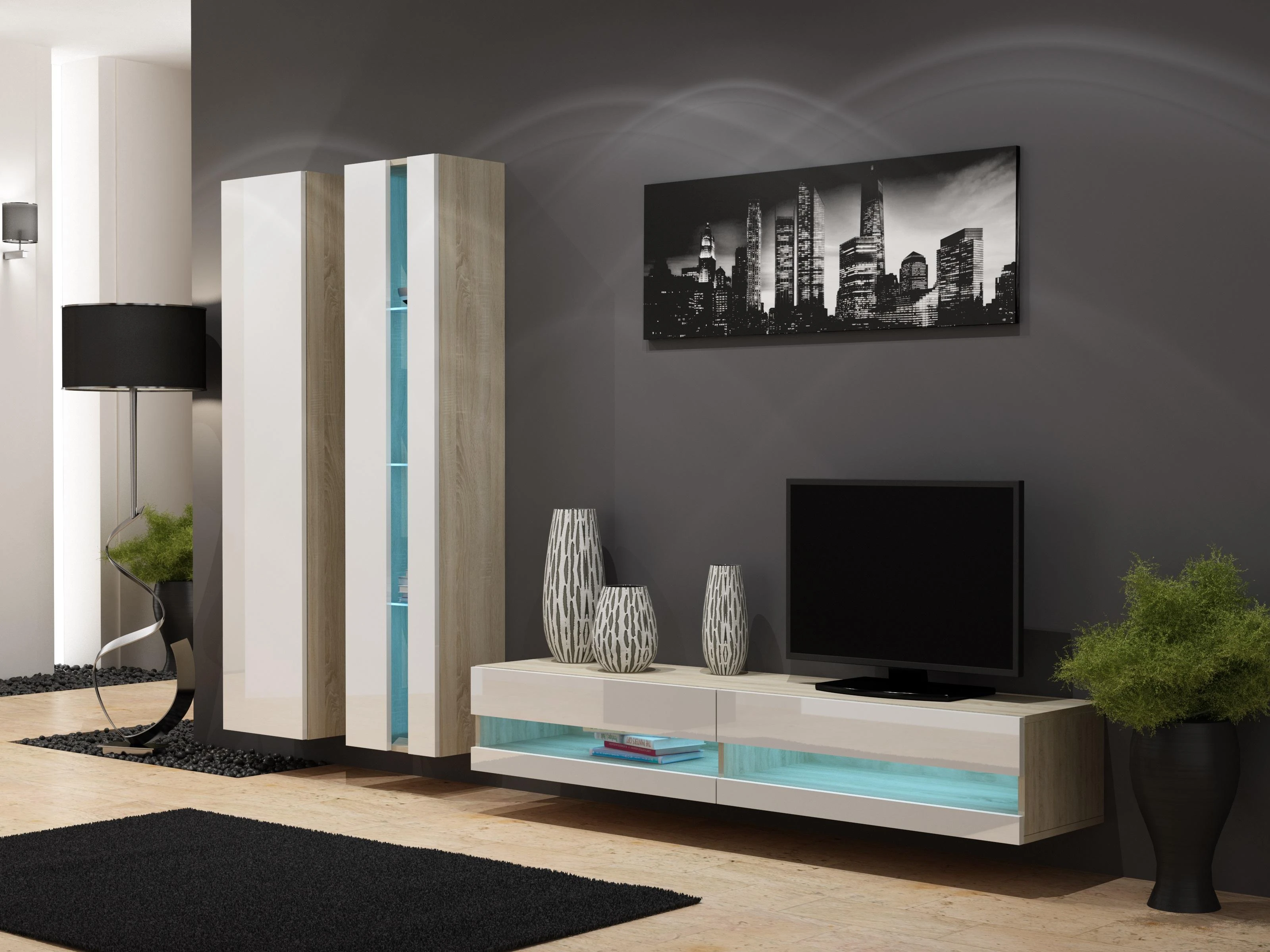 Cama Meble Sieninė lentyna WIO180 VIGO, 180/40/30, (spalva: Sonomos ąžuolas/Blizgi balta)