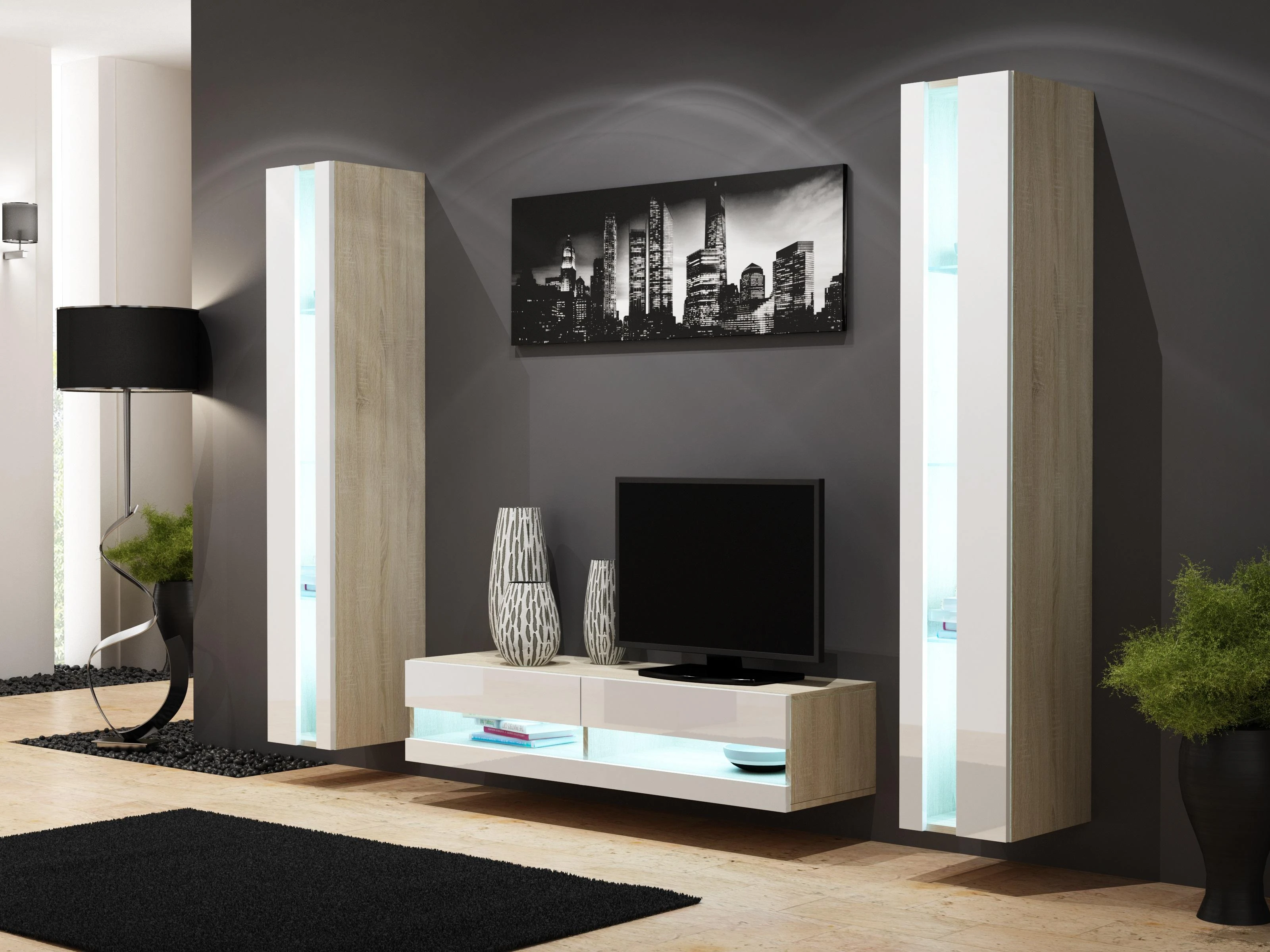 Cama Meble Sieninė lentyna WIO180 VIGO, 180/40/30, (spalva: Sonomos ąžuolas/Blizgi balta)