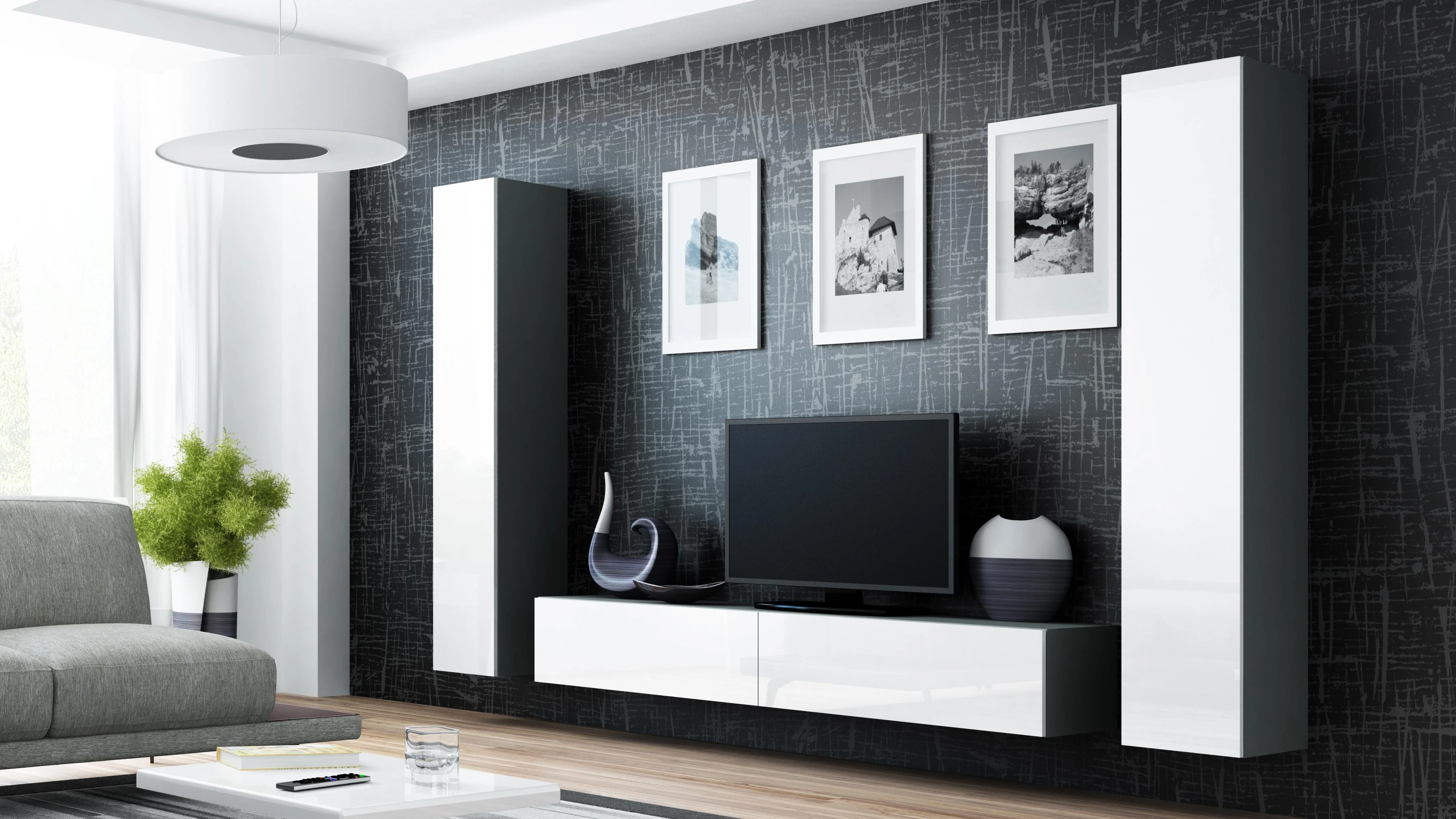 Cama sieninė spintelė VIGO '180' 180/40/30 (spalva: pilka/blizgi balta)