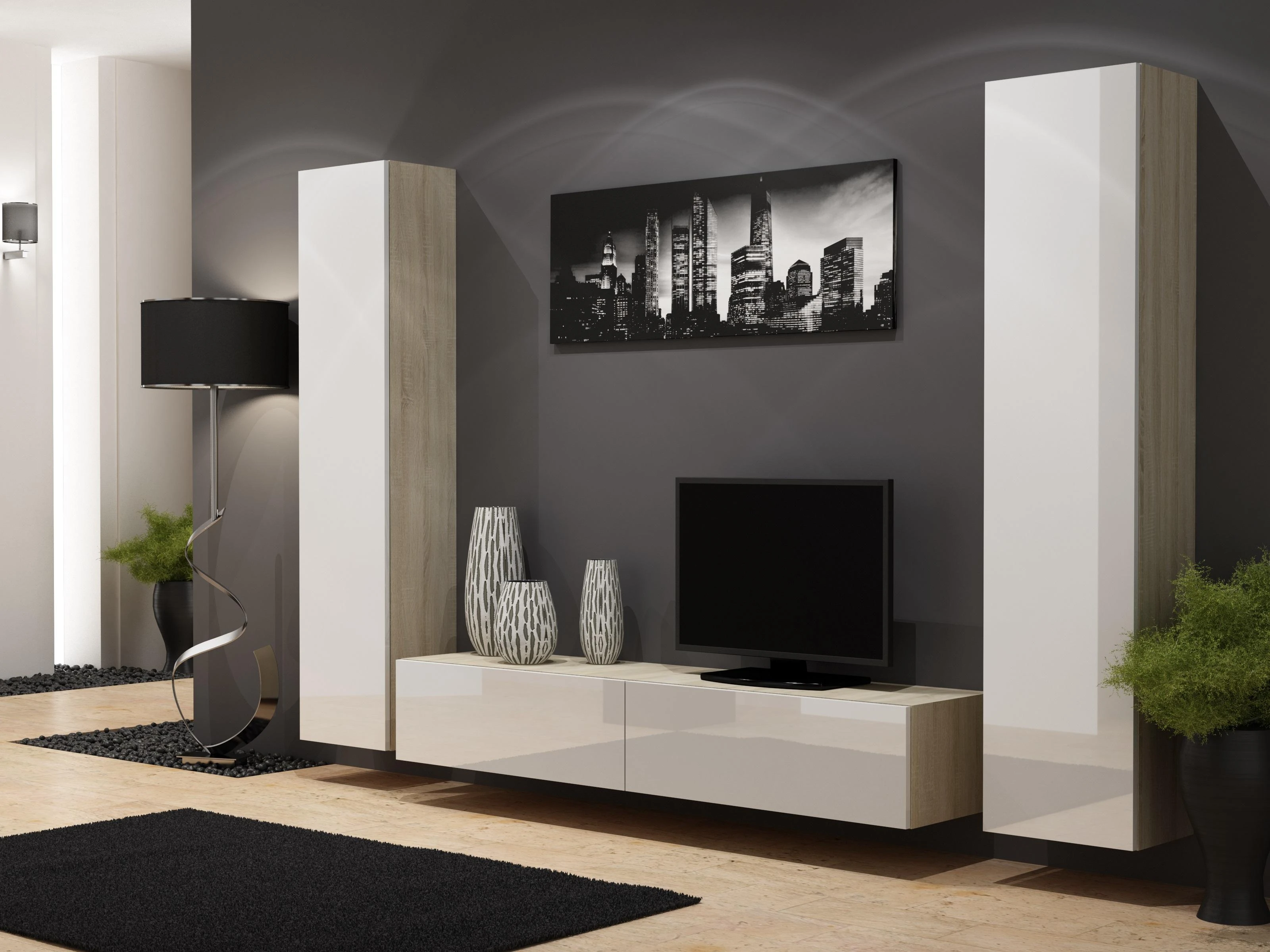 Cama sieninė spintelė VIGO '180' 180/40/30 (spalva: Sonomos ąžuolas/blizgi balta)