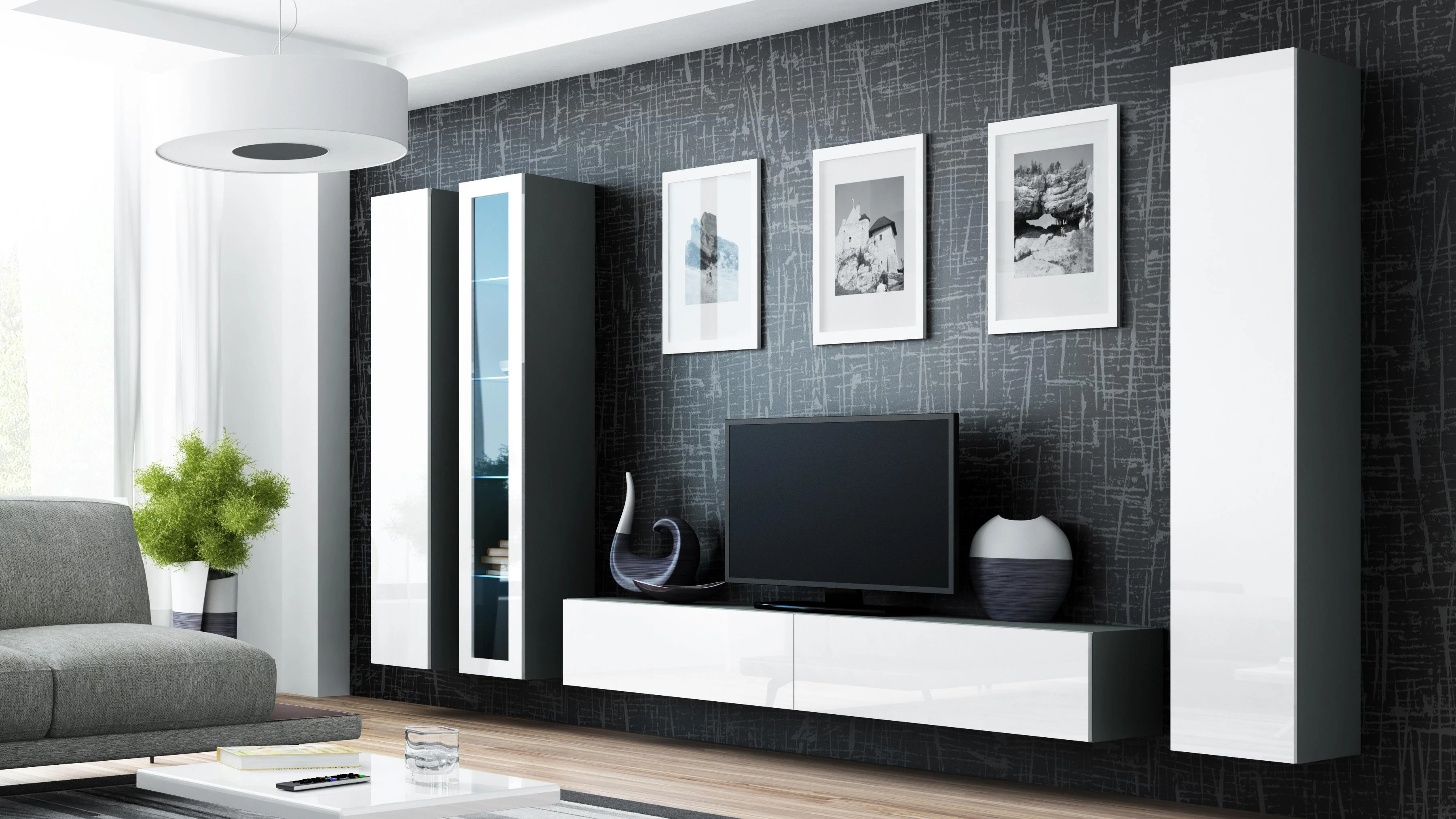 Cama sieninė spintelė VIGO '180' 180/40/30 (spalva: pilka/blizgi balta)
