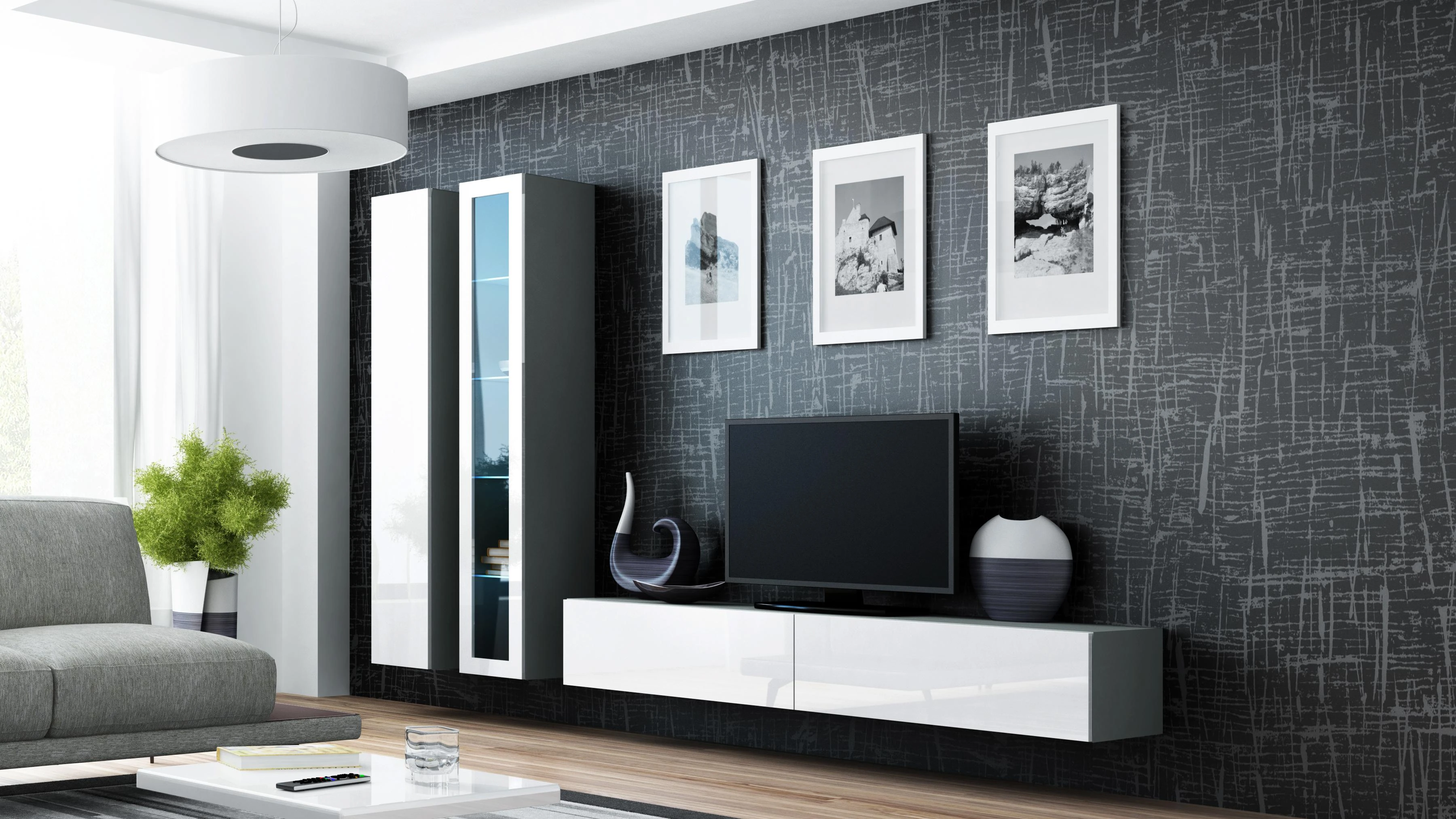 Cama sieninė spintelė VIGO '180' 180/40/30 (spalva: pilka/blizgi balta)
