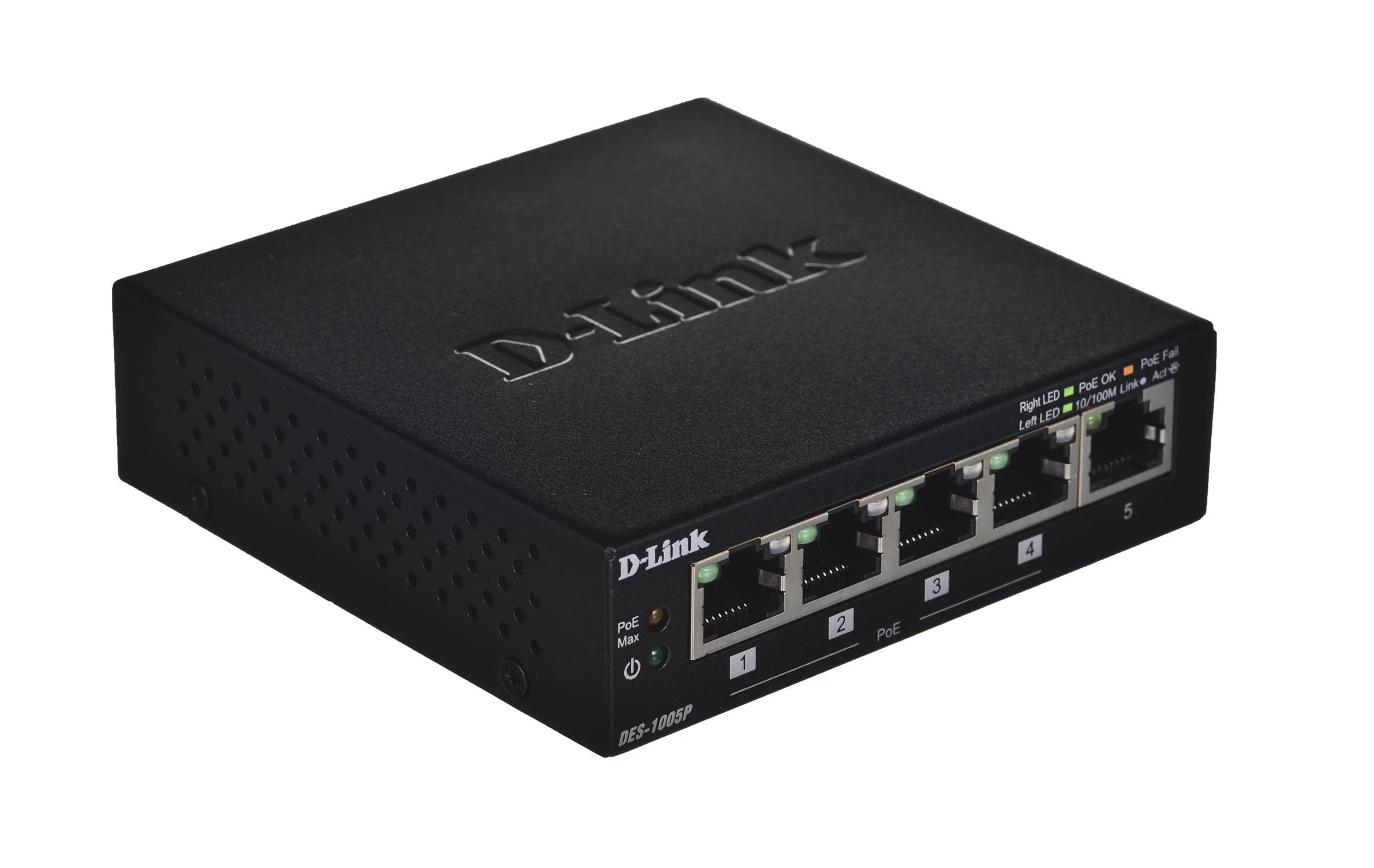 Šakotuvas D-Link DES-1005P/E tinklo komutatorius Ne-valdomas L2 Fast Ethernet (10/100) Juoda Maitinimas per Eternetą (PoE)