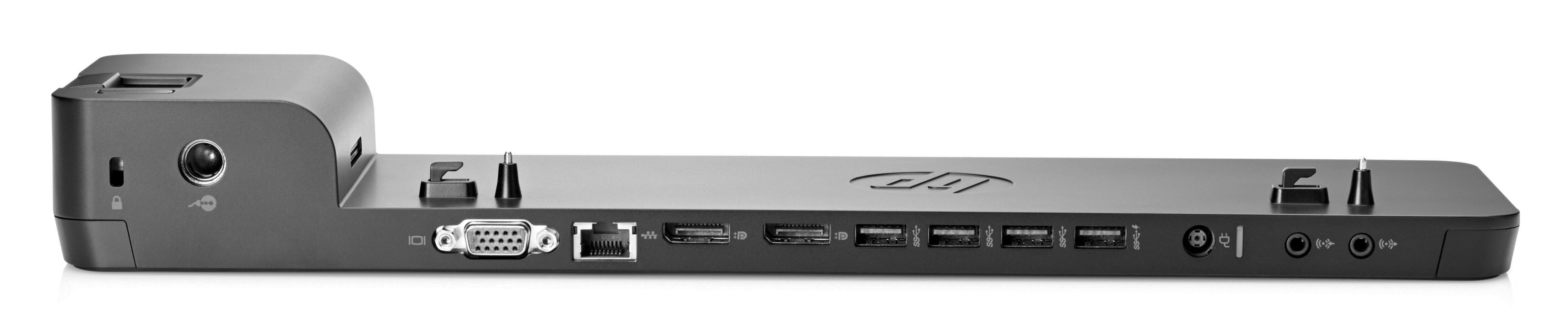 Hewlett Packard (HP) „HP UltraSlim“ prijungimo stotis 65 W – 4 x USB 3.0, 2 x DisplayPort 1.2, 1 x VGA, 1 x RJ-45, 1 x Linijinis įvestis, 1 x Linijinis išvestis