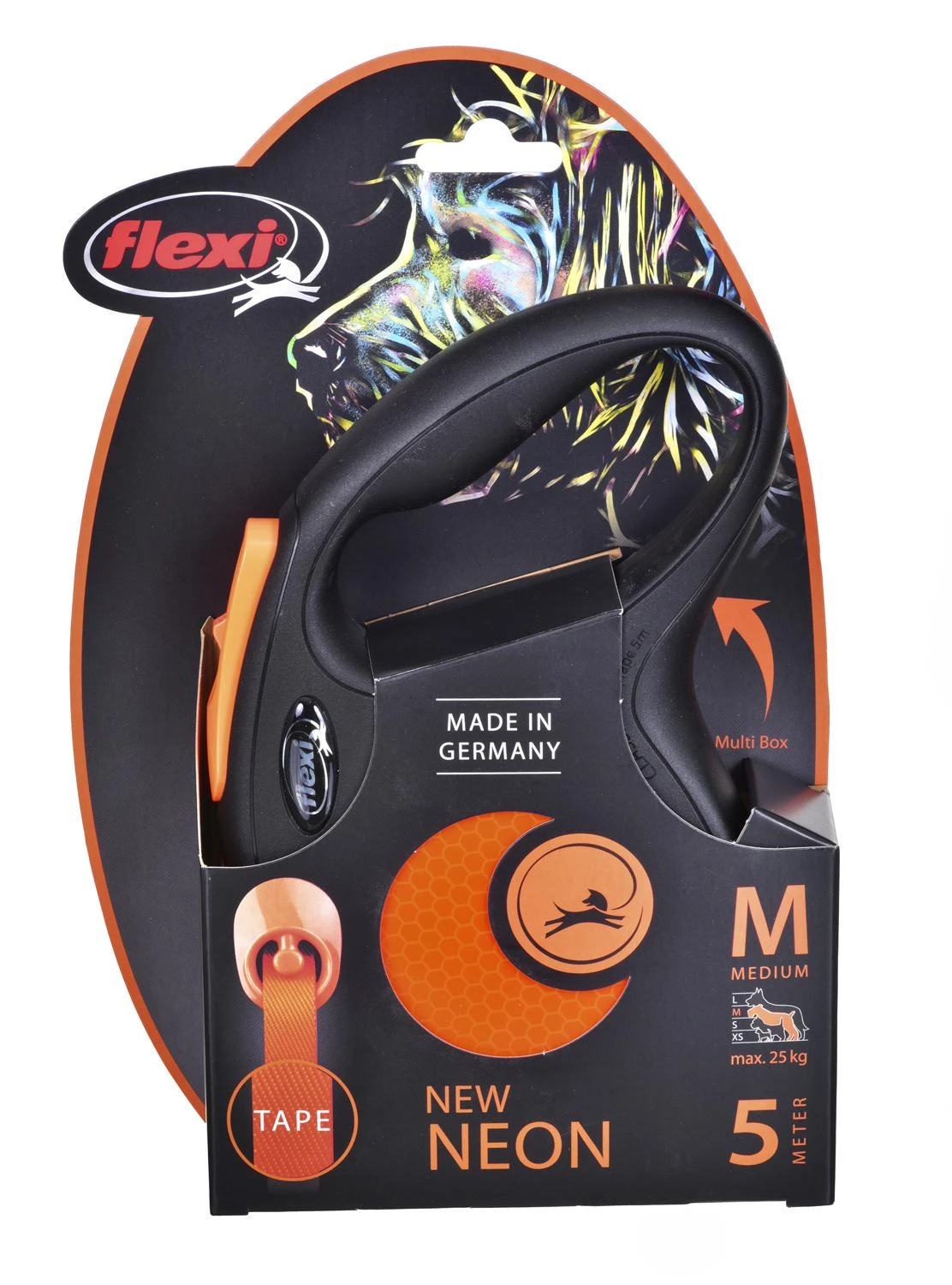 Flexi New Neon M pavadėlis šunims iki 25kg juostinis 5m oranžinės spalvos