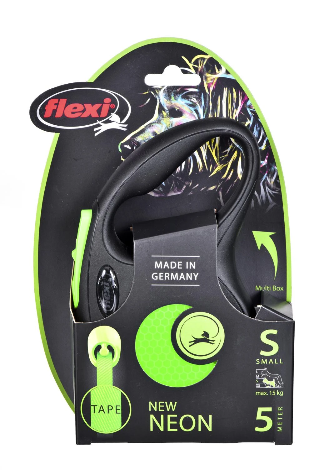 Flexi New Neon S pavadėlis šunims iki 15kg juostinis 5m žalios spalvos