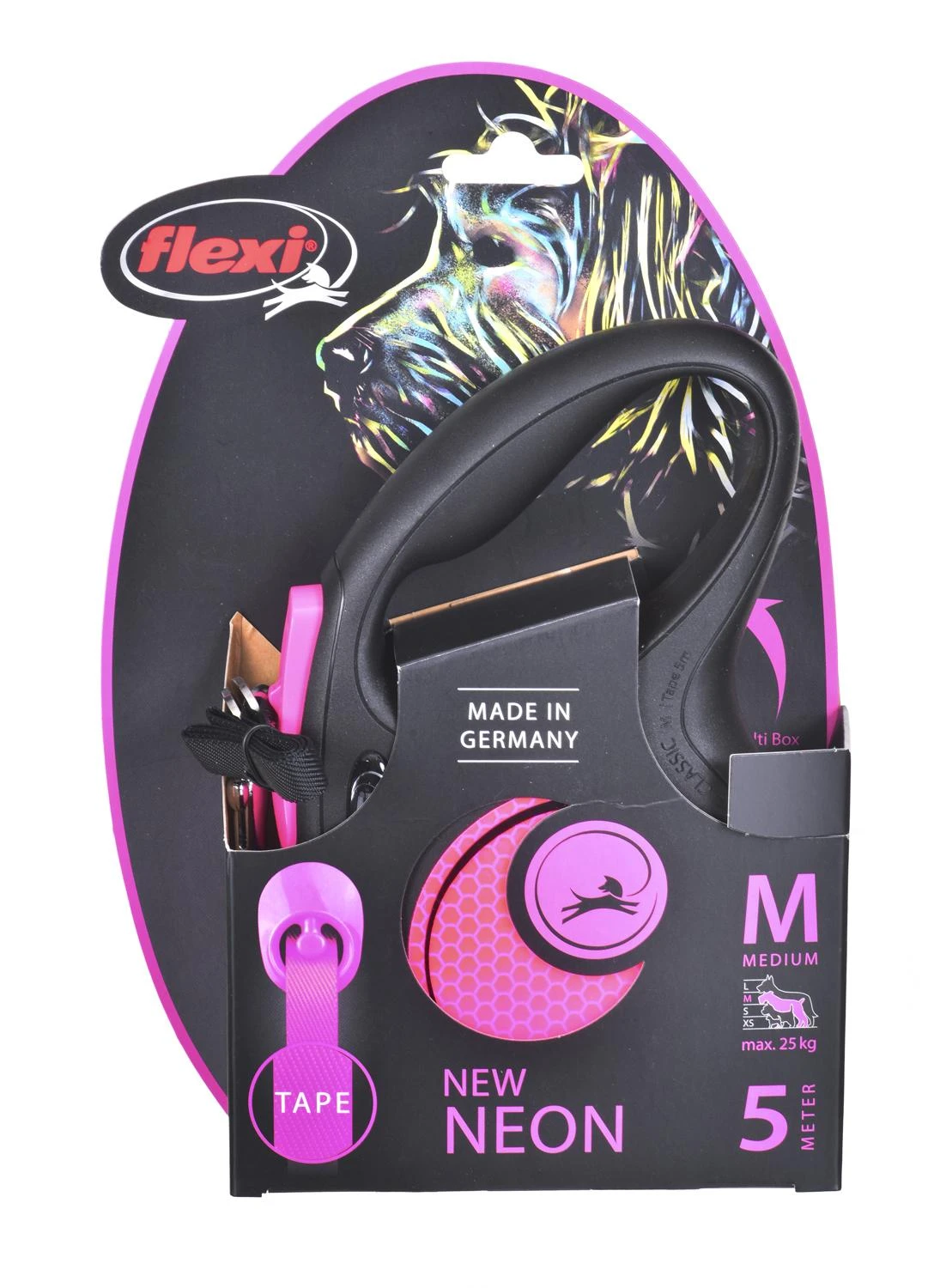 Flexi New Neon M pavadėlis šunims iki 25kg juostinis 5m rožinės spalvos