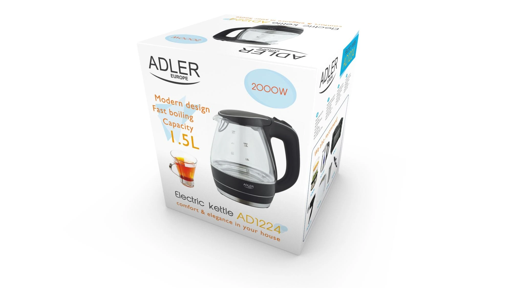 Adler | Virdulys | AD 1224 | Standard | 2000 W | 1.5 L | Glass | 360° rotational base | Juodas