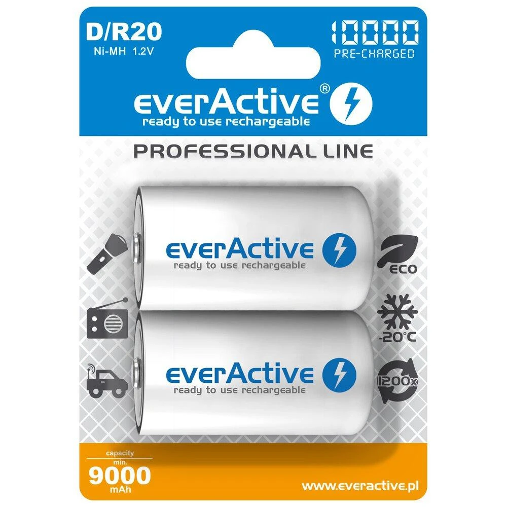 EverActive D tipo Ni-MH baterijos pakuotėje
