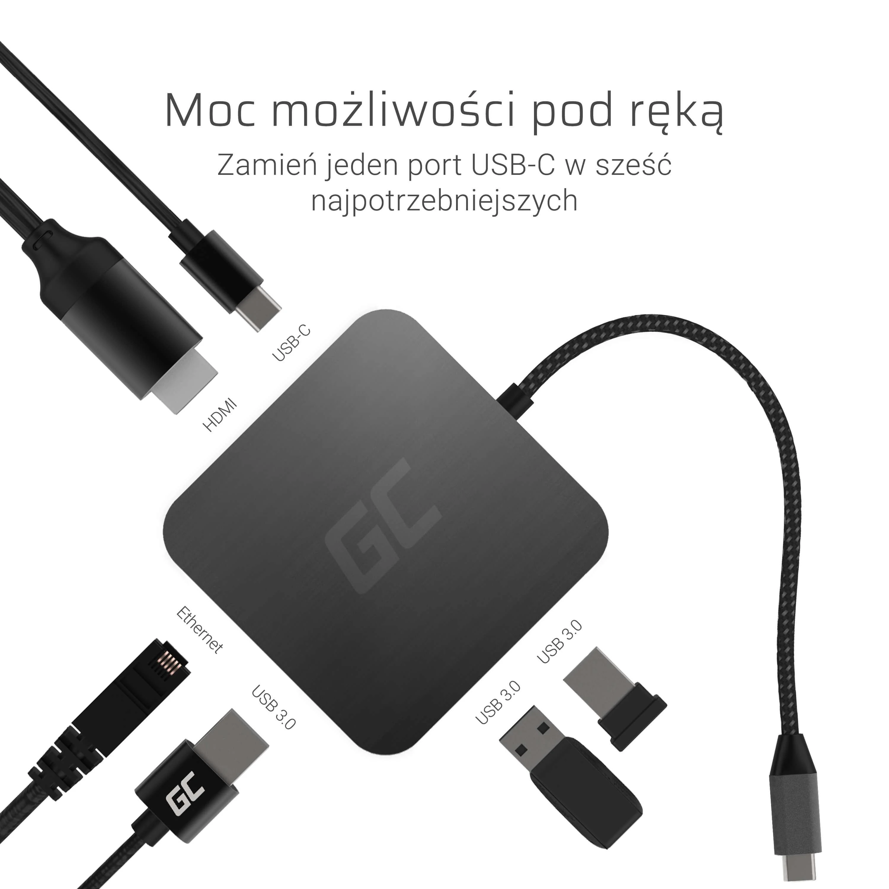 Green Cell Žalias Cell GREENCELL AK61 Žalias Cell HUB2 USB-C, 3x USB 3.0 RJ45 1Gbps HDMI 4K, DEX Nintendo Switch Apple