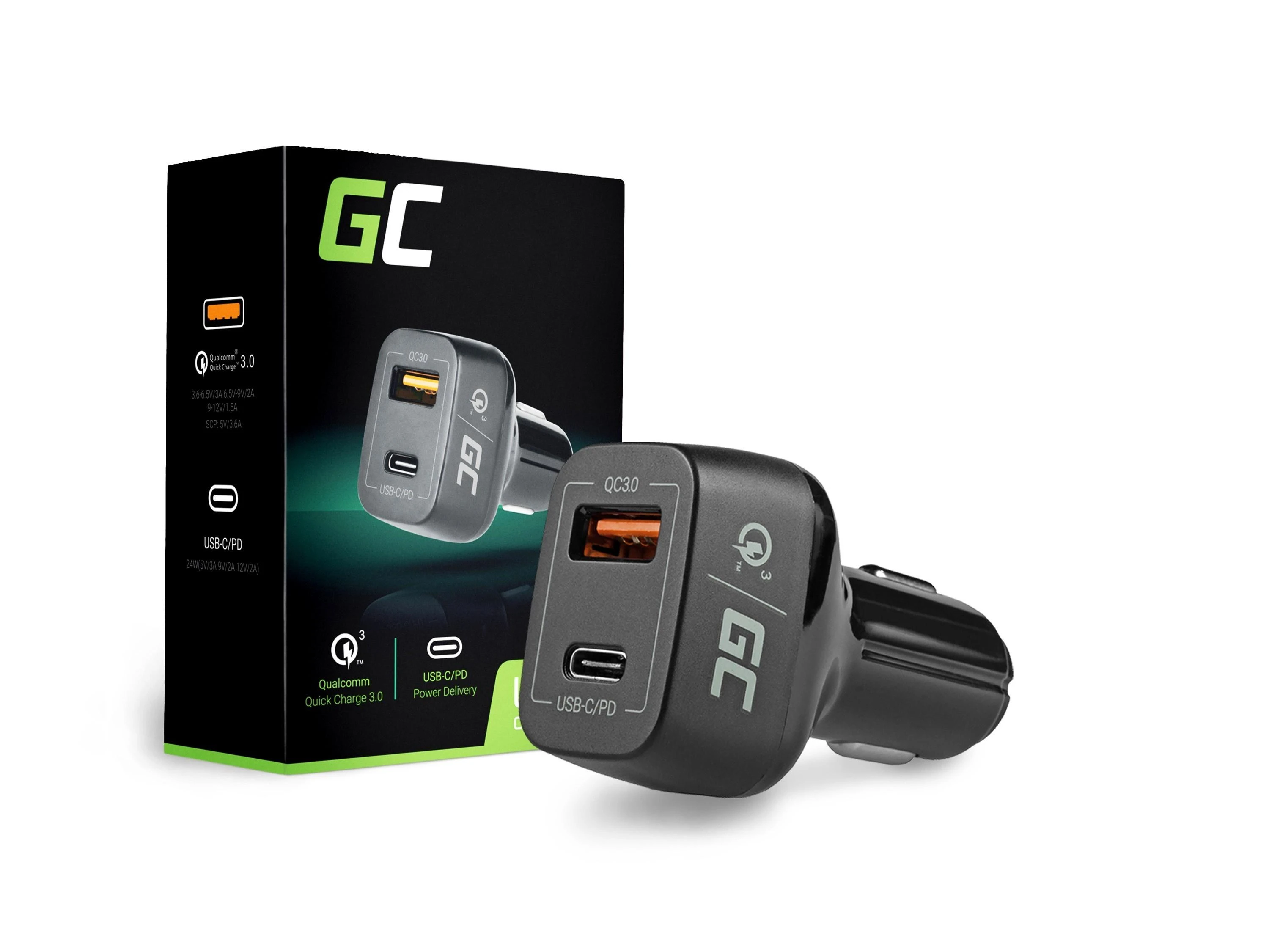 Green Cell Žalias Cell GREENCELL CAD33 automobilinis įkroviklis Žalias Cell USB-C maitinimo tiekimas + USB greitas įkrovimas 3.0