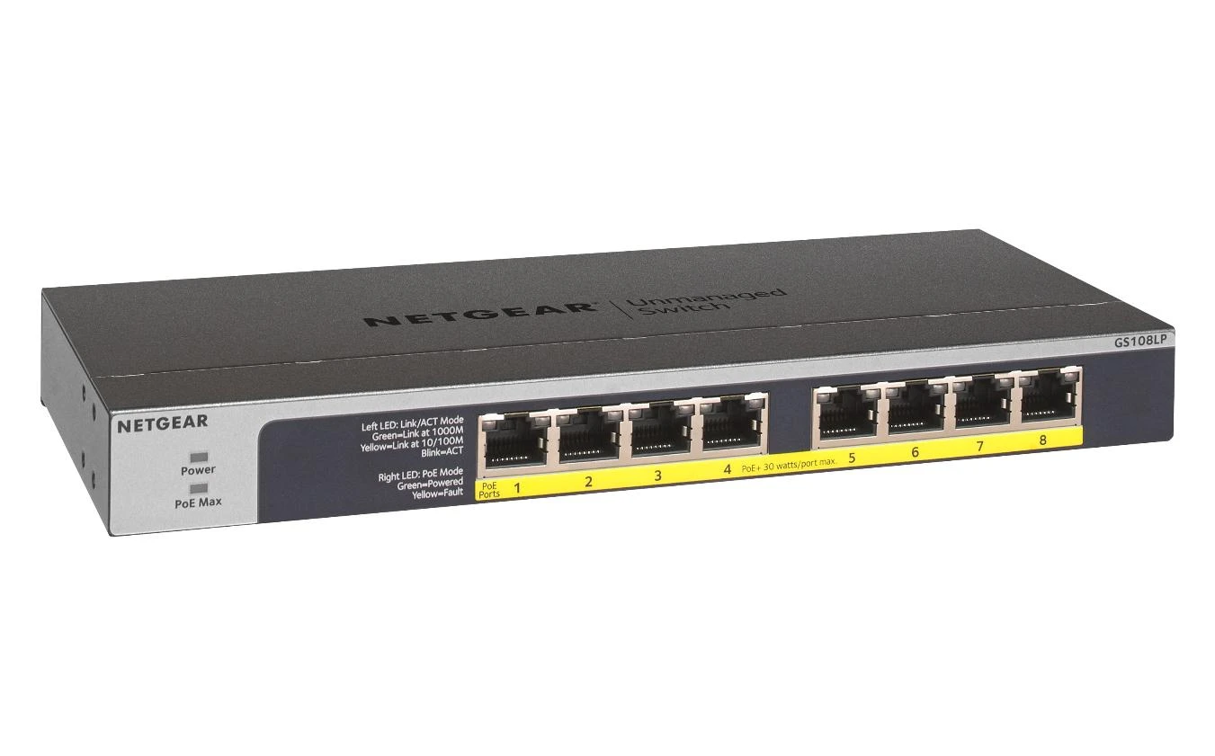 Šakotuvas Netgear GS108LP Ne-valdomas Gigabit Ethernet (10/100/1000) Juoda, Pilka 1U Maitinimas per Eternetą (PoE)