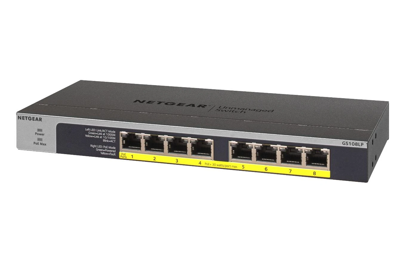 Šakotuvas Netgear GS108LP Ne-valdomas Gigabit Ethernet (10/100/1000) Juoda, Pilka 1U Maitinimas per Eternetą (PoE)