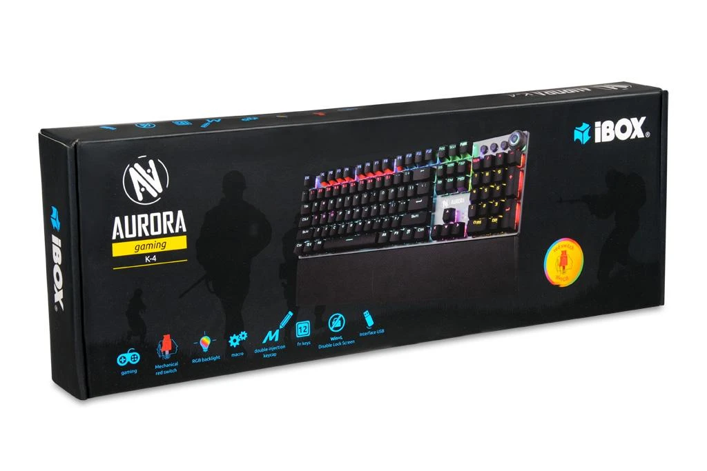 Mechaninė žaidimų klaviatūra IBOX AURORA K-4 IKGMK4, su pašvietimu, US išdėstymas, KRGD Red Switch