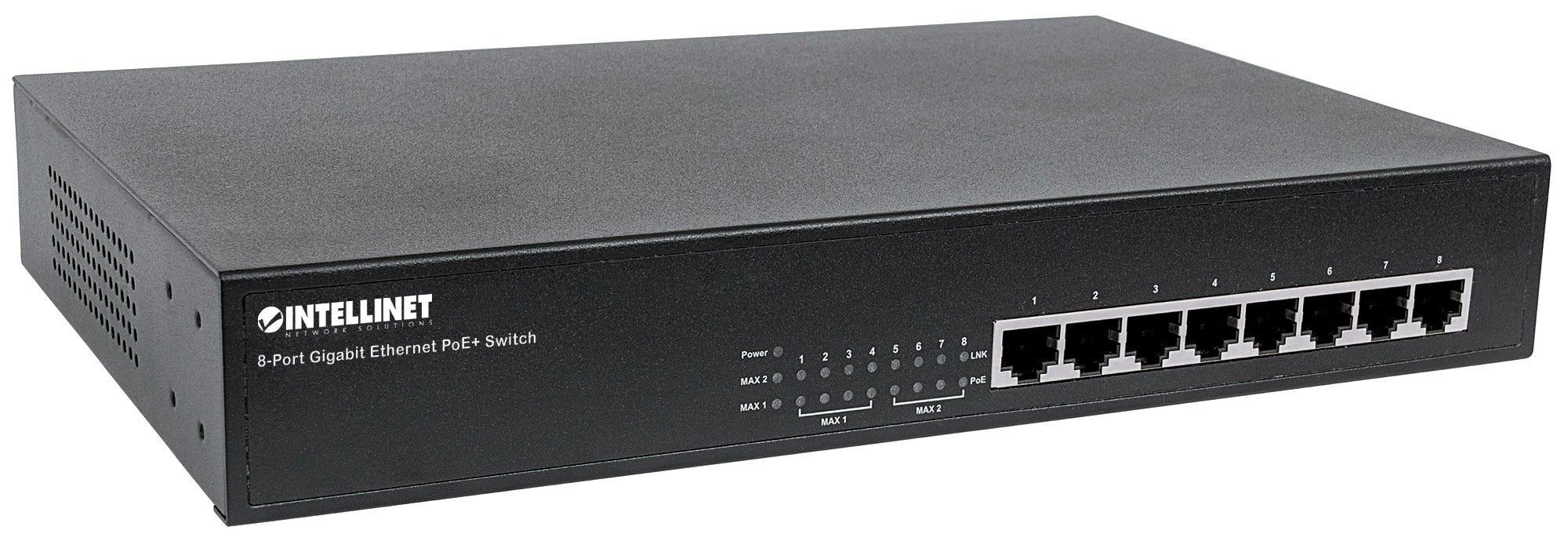 Šakotuvas Intellinet 8-Port PoE+ Desktop Gigabit Switch Gigabit Ethernet (10/100/1000) Juoda Maitinimas per Eternetą (PoE)