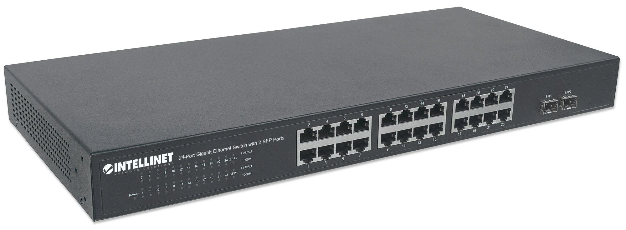 Šakotuvas Intellinet Gigabit Ethernet jungiklis 24x 10/100/1000 Mbps 2x SFP stovo 19''