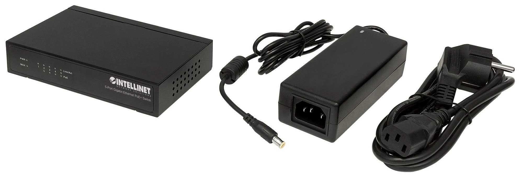 Šakotuvas Intellinet Gigabit Switch PoE+ 5x RJ45 60W stalinis metalinis dėklas