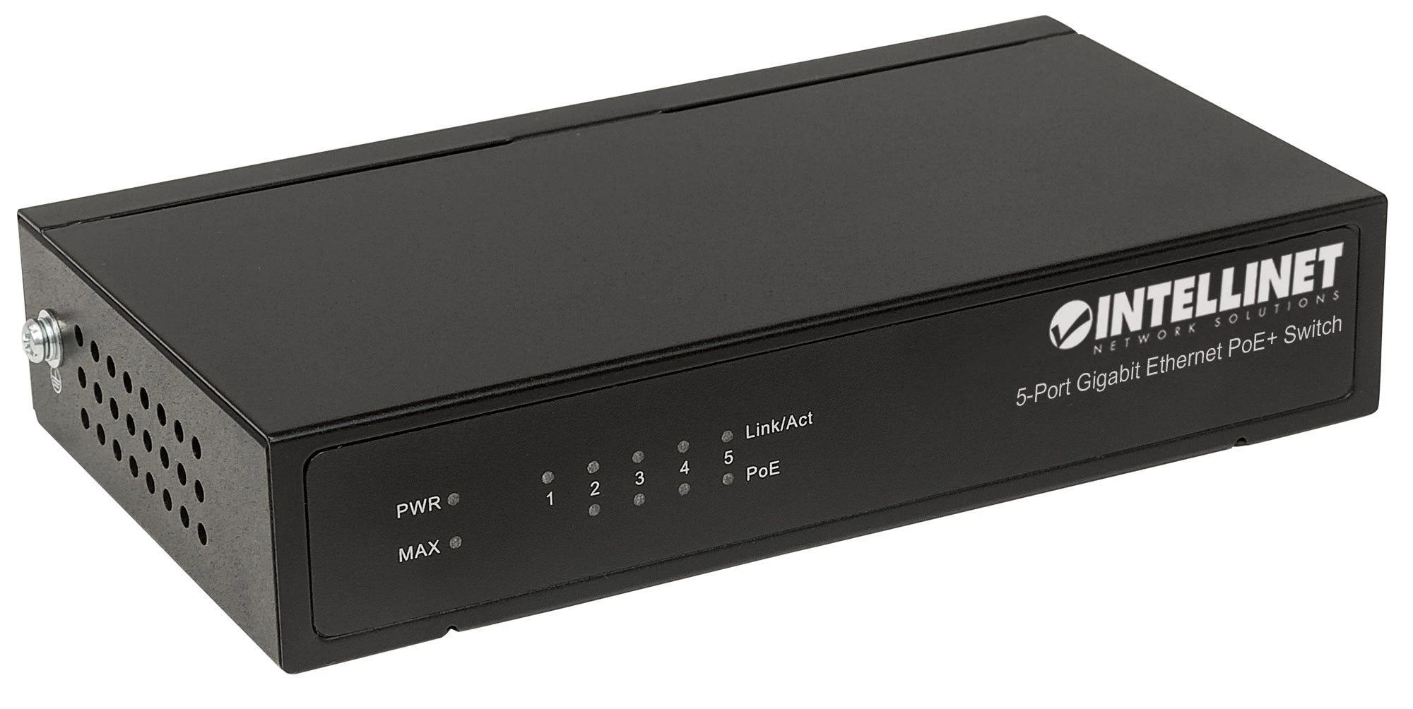Šakotuvas Intellinet Gigabit Switch PoE+ 5x RJ45 60W stalinis metalinis dėklas