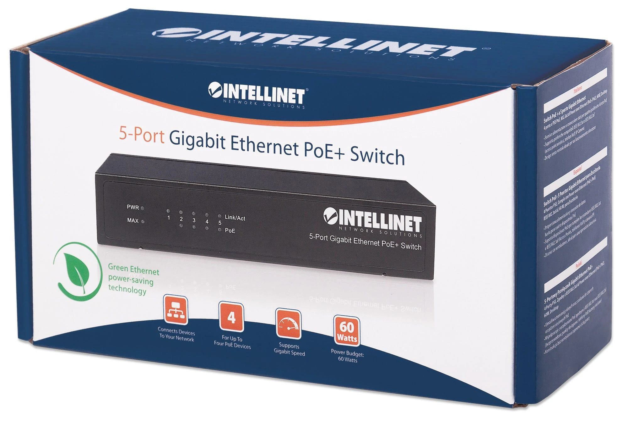 Šakotuvas Intellinet Gigabit Switch PoE+ 5x RJ45 60W stalinis metalinis dėklas