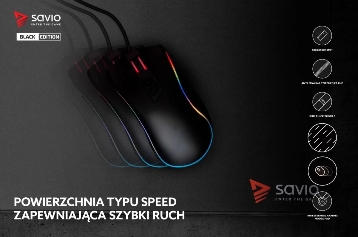 Pelės kilimėlis žaidimams - Savio Juodas Edition Turbo Dynamic XXL 100x50 Juodas