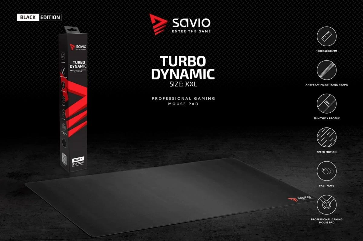 Pelės kilimėlis žaidimams - Savio Juodas Edition Turbo Dynamic XXL 100x50 Juodas