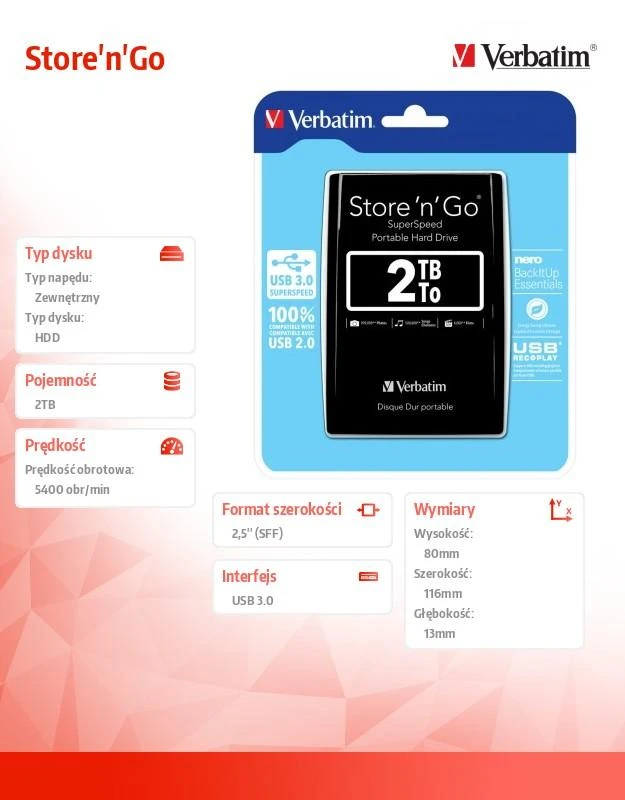 Kietasis išorinis diskas Verbatim Store & Go 2.5'' 2TB USB3 Juodas