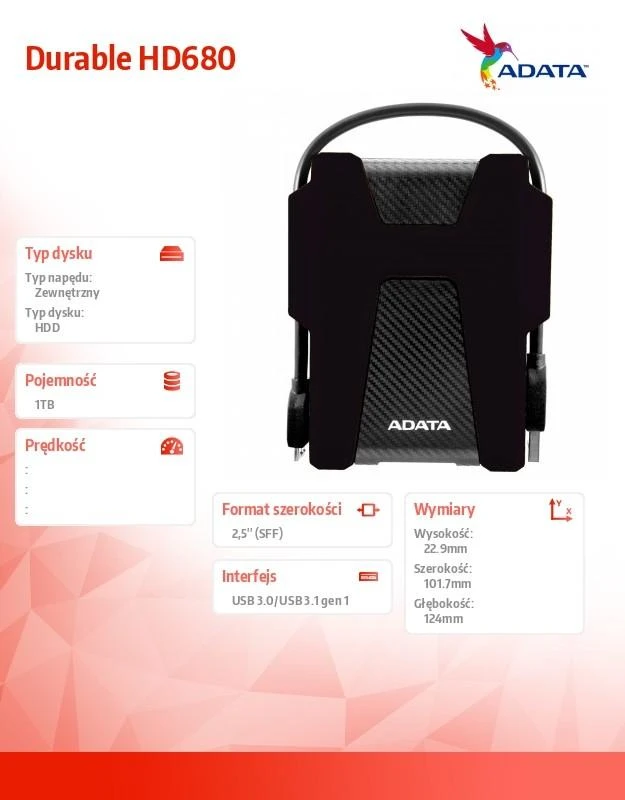 Kietasis diskas ADATA AHD680-1TU31-CBK ADATA external HDD HV680 1TB 2.5" USB3.0 juodas