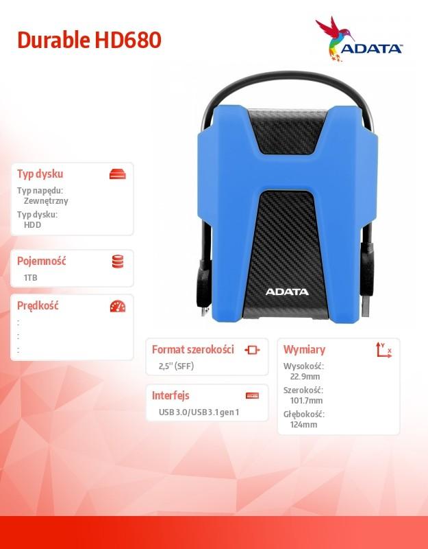 Kietasis diskas Išorinis diskas ADATA HDD HV680 1TB 2,5'' USB3.0 - mėlynas