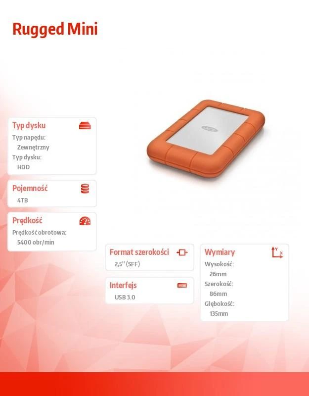Kietasis diskas Išorinis diskas LaCie Rugged Mini 2.5" 4TB USB3.0, Atsparus smūgiams