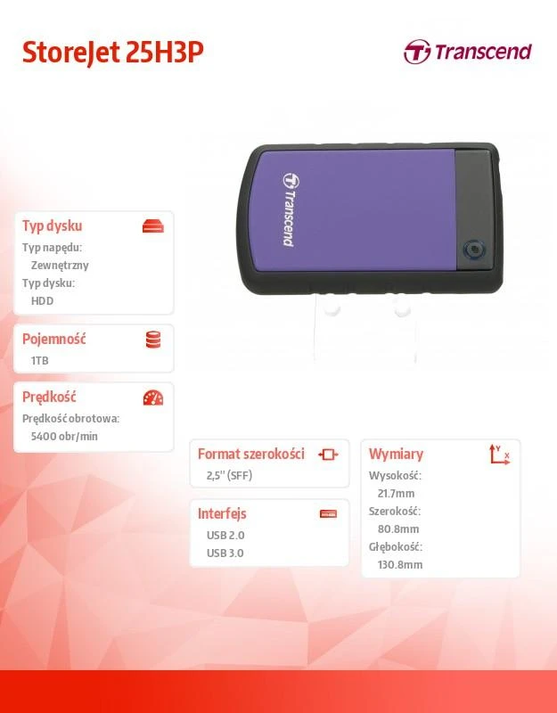 Išorinis kietasis diskas Transcend 25H3P 2.5'' 1TB USB3, Triguba smūgių slopinimo sistema