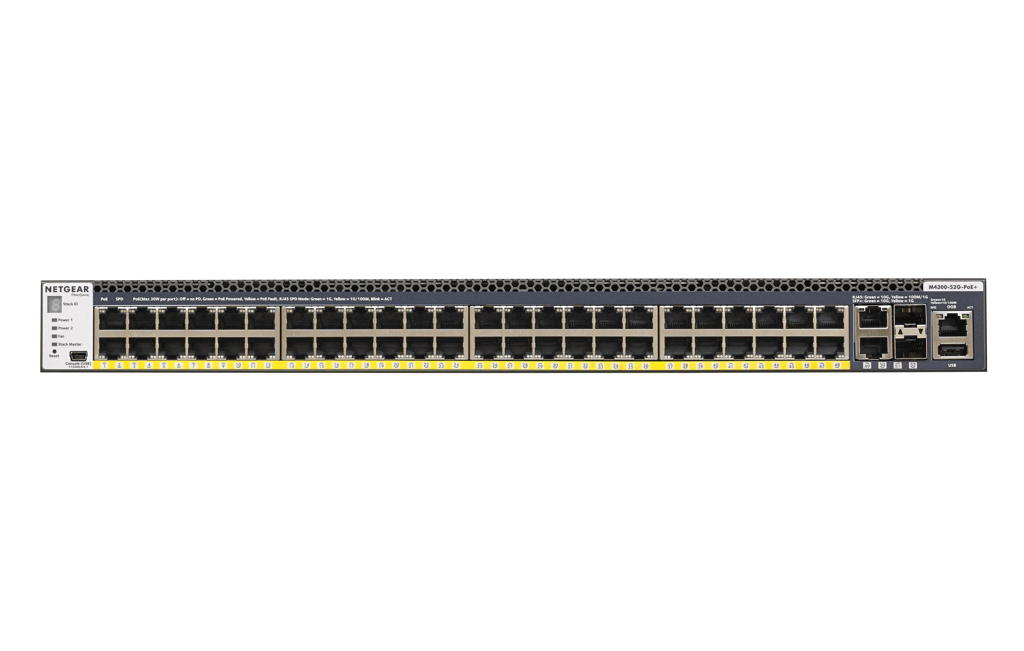 Šakotuvas Netgear M4300-52G-PoE+ 1000W PSU Valdomas L2/L3/L4 Gigabit Ethernet (10/100/1000) Juoda 1U Maitinimas per Eternetą (PoE)