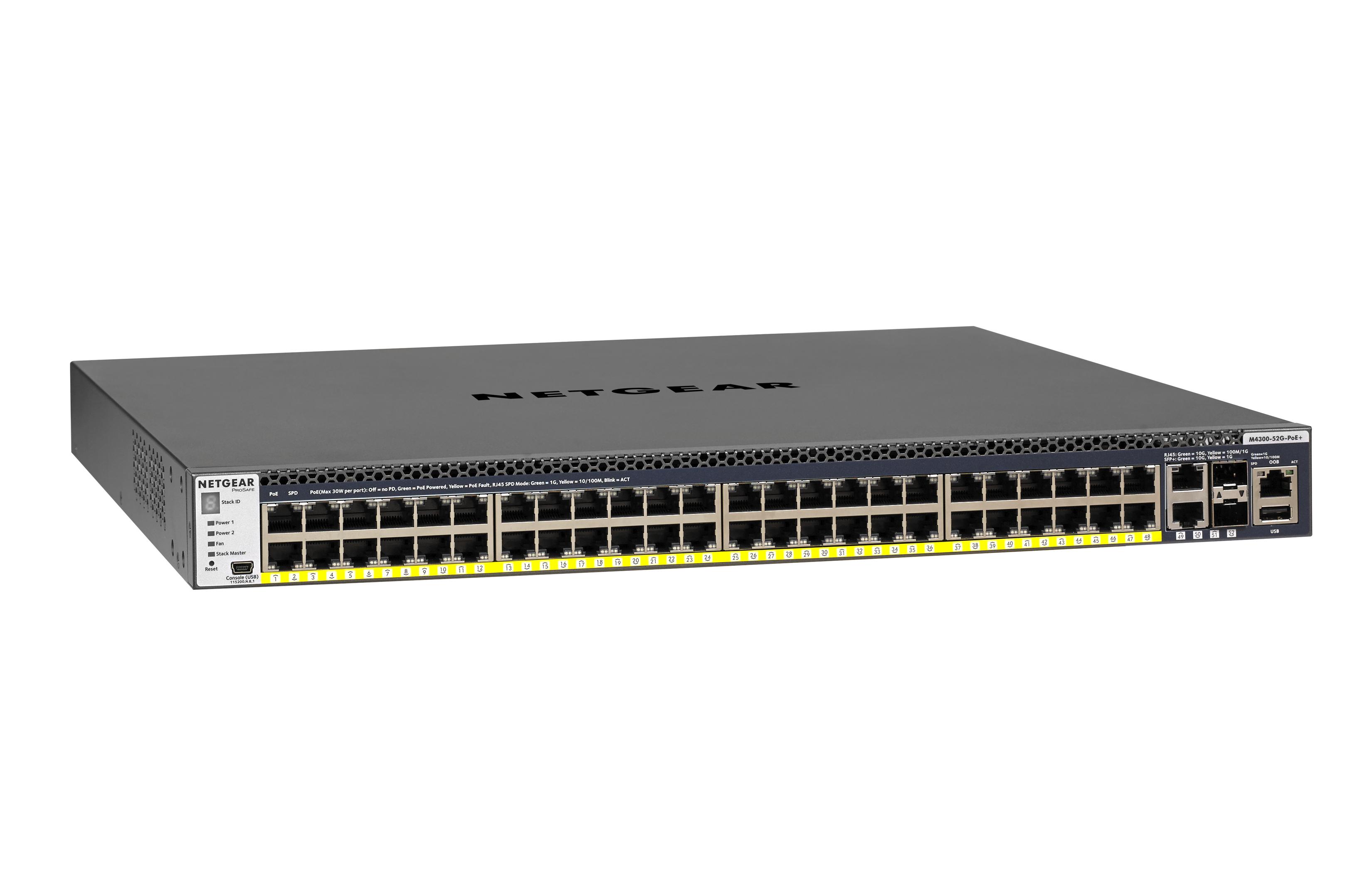 Šakotuvas Netgear M4300-52G-PoE+ 1000W PSU Valdomas L2/L3/L4 Gigabit Ethernet (10/100/1000) Juoda 1U Maitinimas per Eternetą (PoE)