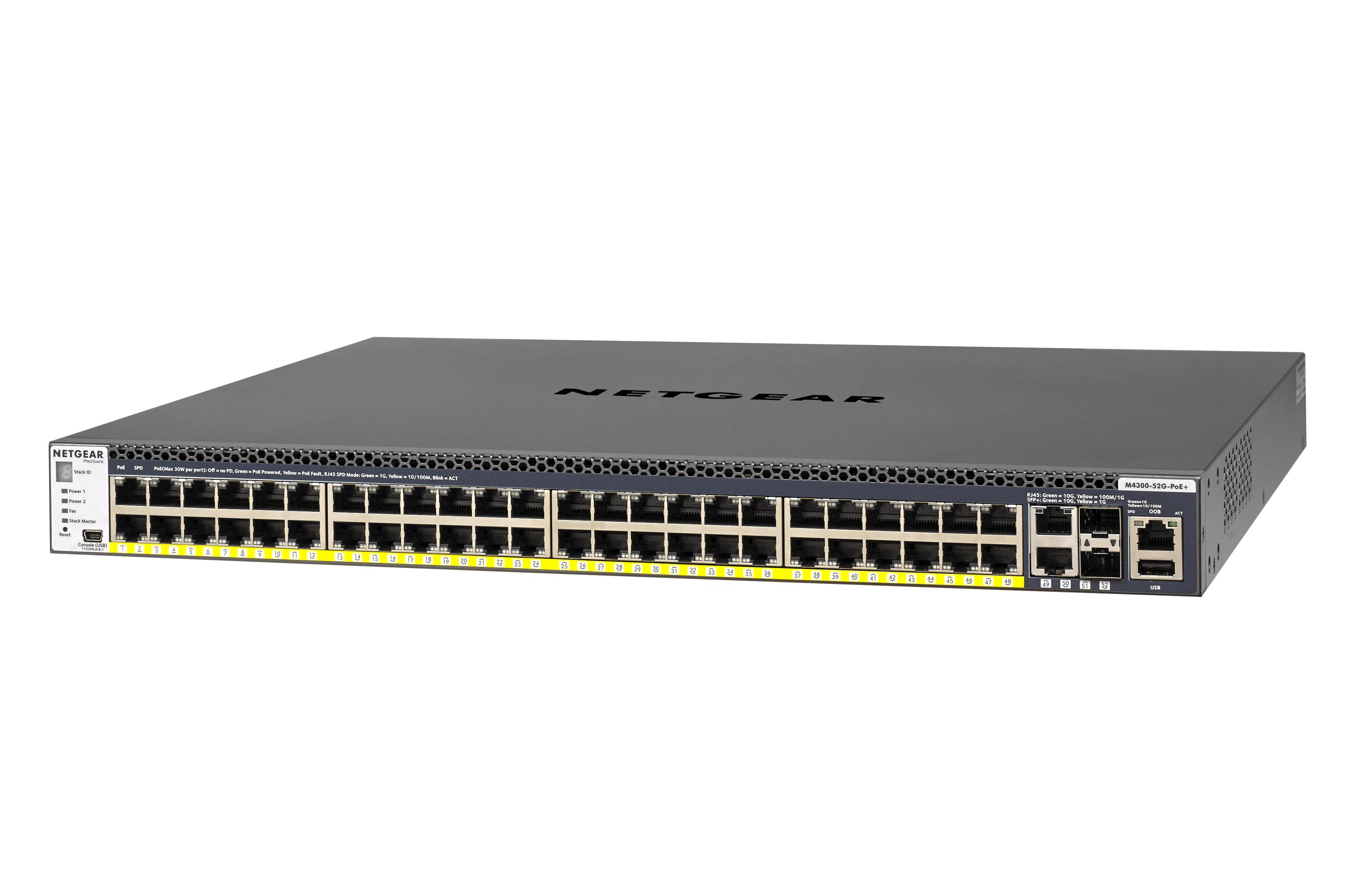 Šakotuvas Netgear M4300-52G-PoE+ 1000W PSU Valdomas L2/L3/L4 Gigabit Ethernet (10/100/1000) Juoda 1U Maitinimas per Eternetą (PoE)