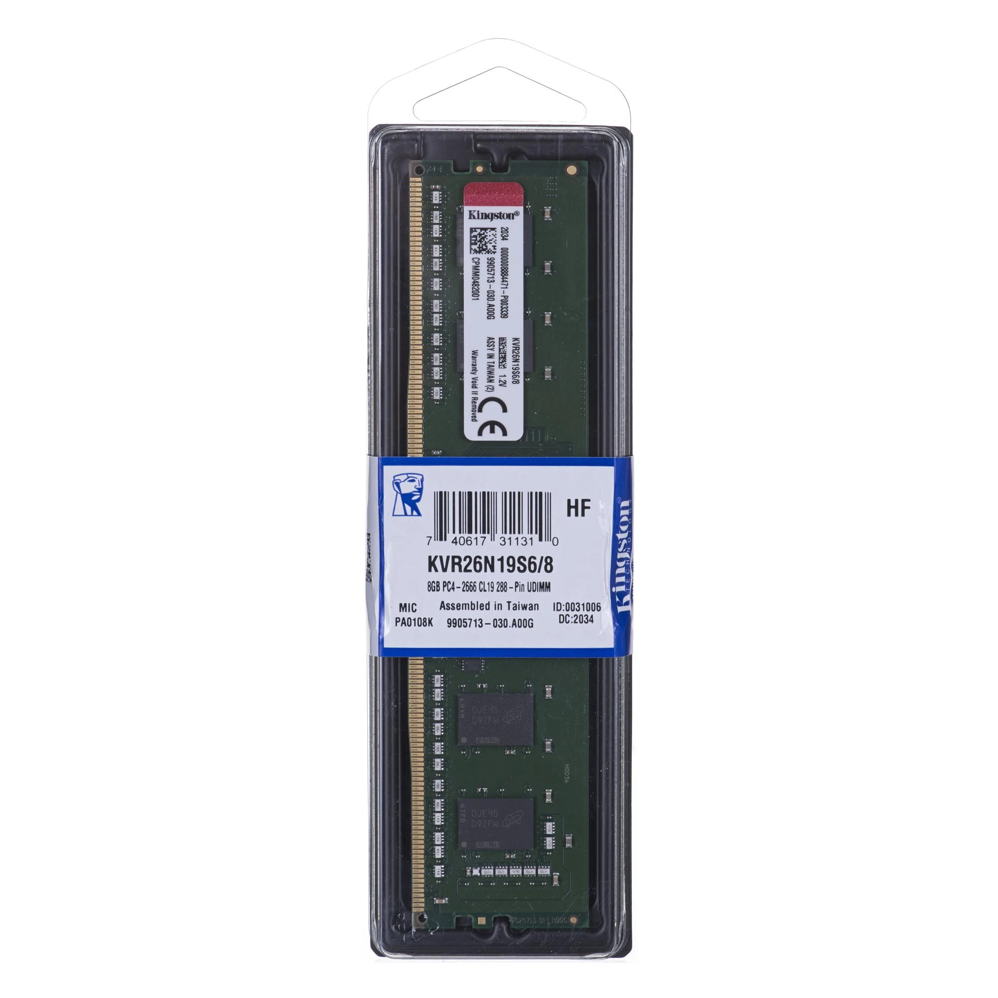 RAM Kingston Technology KVR26N19S6/8 atminties modulis 8 GB 1 x 8 GB DDR4 2666 MHz