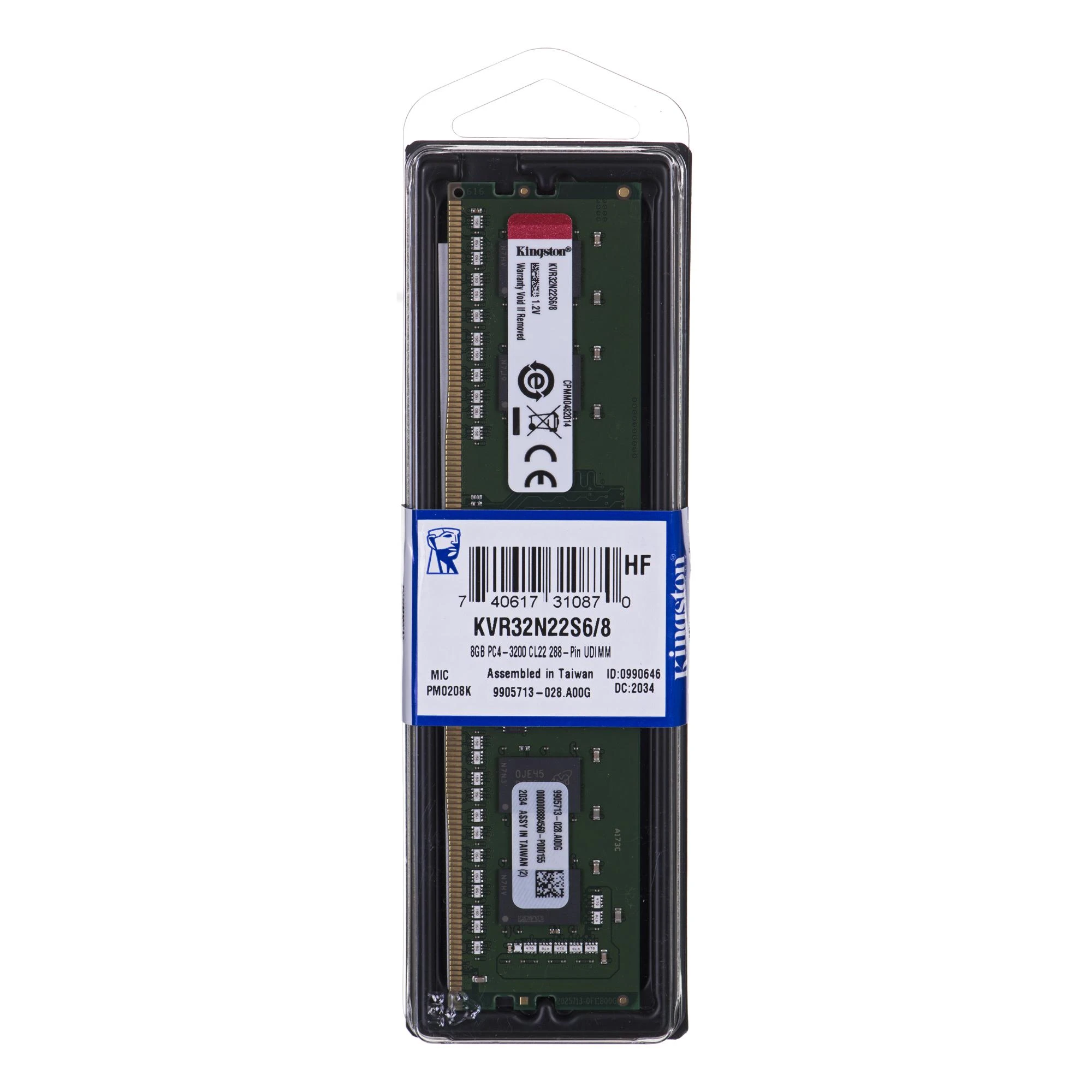 RAM Kingston Technology KVR32N22S6/8 atminties modulis 8 GB 1 x 8 GB DDR4 3200 MHz