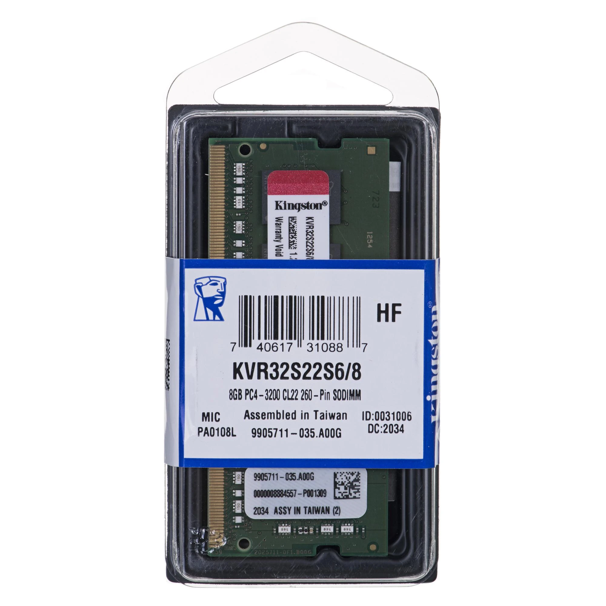 Nešiojamo kompiuterio atmintis Kingston Technology KVR32S22S6/8 atminties modulis 8 GB 1 x 8 GB DDR4 3200 MHz