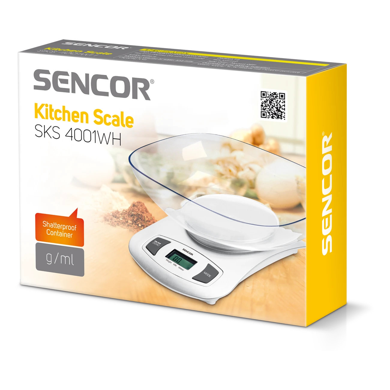 Virtuvinės svarstyklės Sencor SKS 4001WH su dubeniu, didelis LCD ekranas