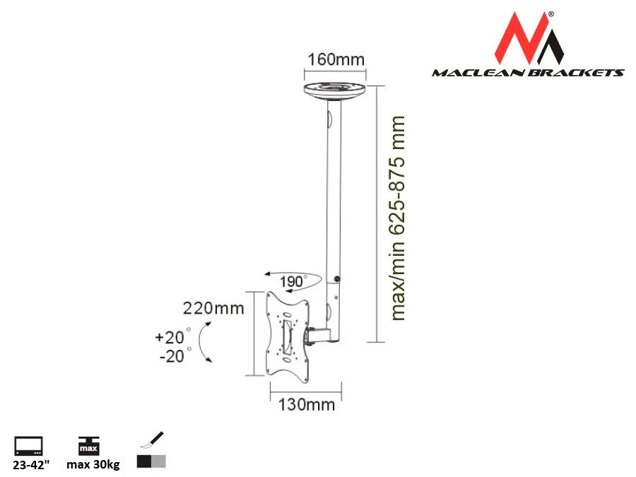 Laikiklis Montavimo sienelė televizoriui Maclean MC-504S (lubos, rotacinis, pakreipiamas - 42", maks. 30kg)
