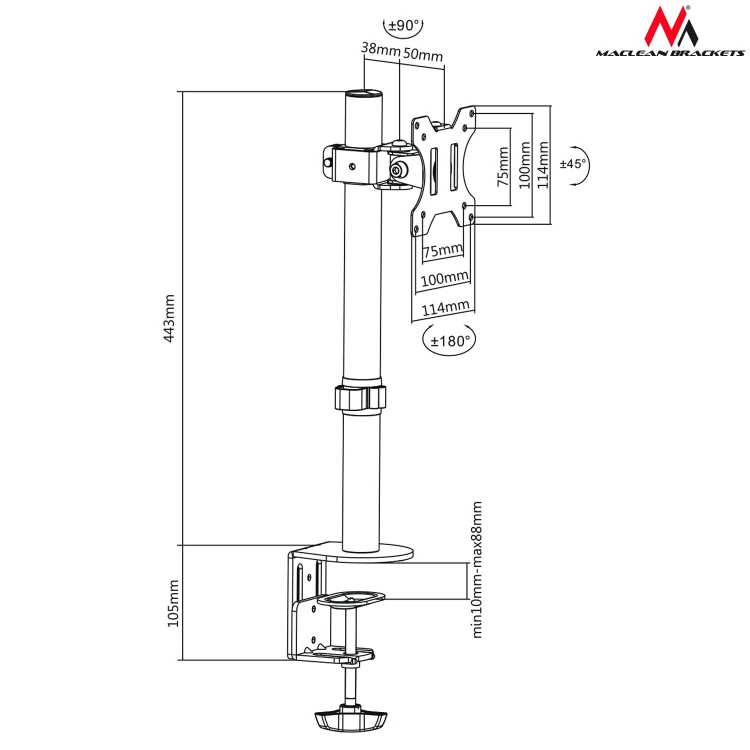Laikiklis MACLEAN MC-751 Maclean MC-751 monitorius desk bracket 13-32 8kg vesa 75x75, 100x100