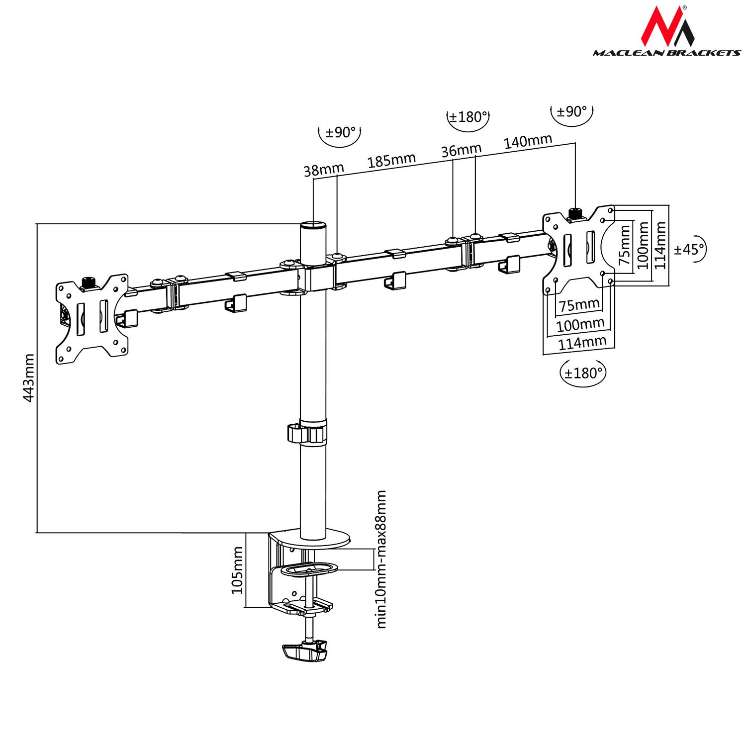 Laikiklis Tvirtinamas stalas 2 monitoriams Maclean MC-754 (13" - 32", maks. 8kg)
