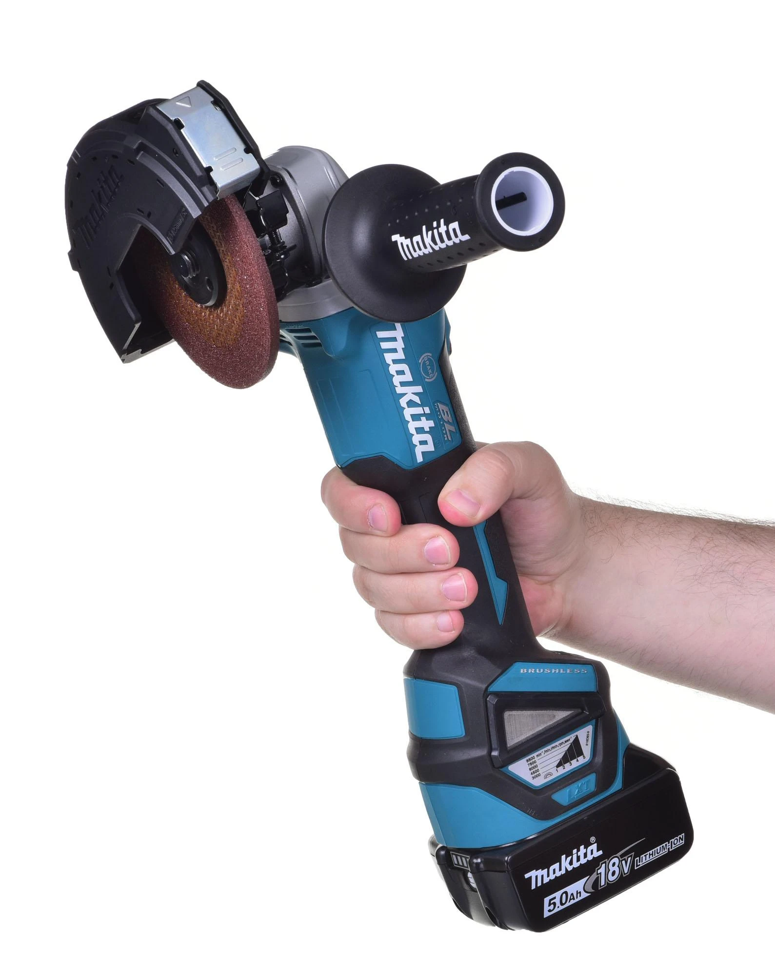 MAKITA KAMPINIS ŠLIFULĖLIS 18V‐125mm 2 x 5.0Ah LI-ION REG. BLDC lagaminas MAKPAC DGA513RTJ