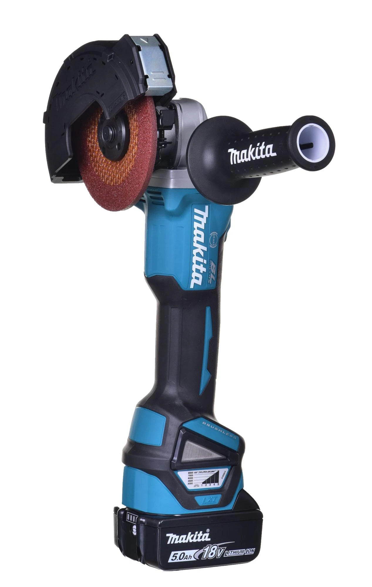 MAKITA KAMPINIS ŠLIFULĖLIS 18V‐125mm 2 x 5.0Ah LI-ION REG. BLDC lagaminas MAKPAC DGA513RTJ