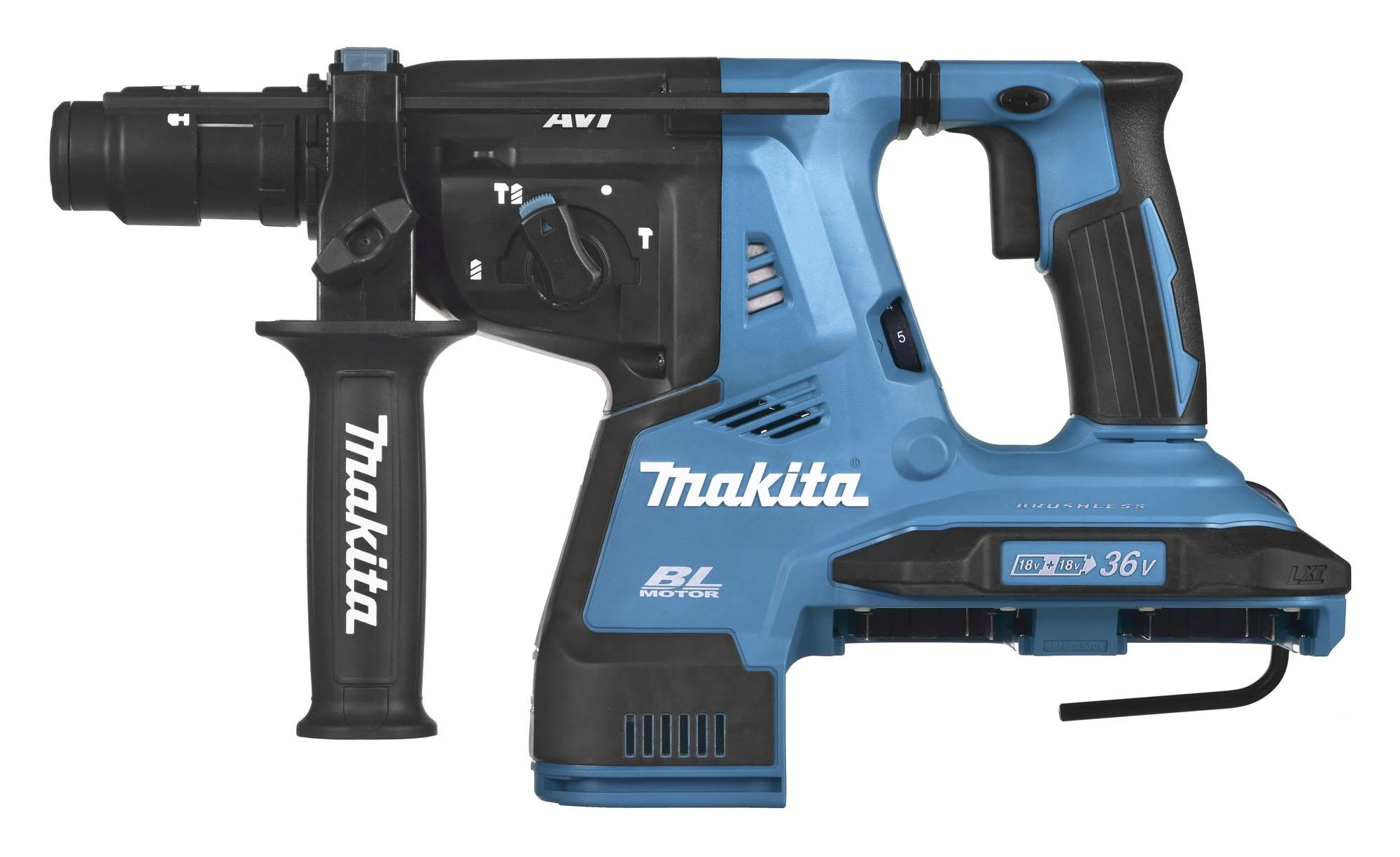 Makita perforatorius DHR281Z, SDS-PLUS, 2x18V, 2.9J + papildomas beraktis griebtuvas, be akumuliatoriaus ir kroviklio
