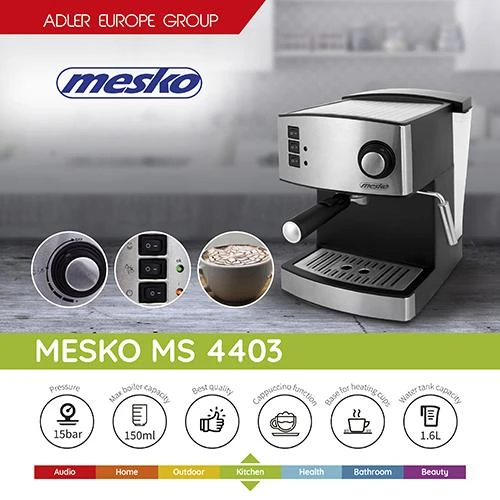 Kavos aparatas Mesko | Espresso Aparatas | MS 4403 | Slėgis 15 bar | Su pieno plakikliu | Semi-automatinis | 850 W | Nerūdijantis plienas/Juodas