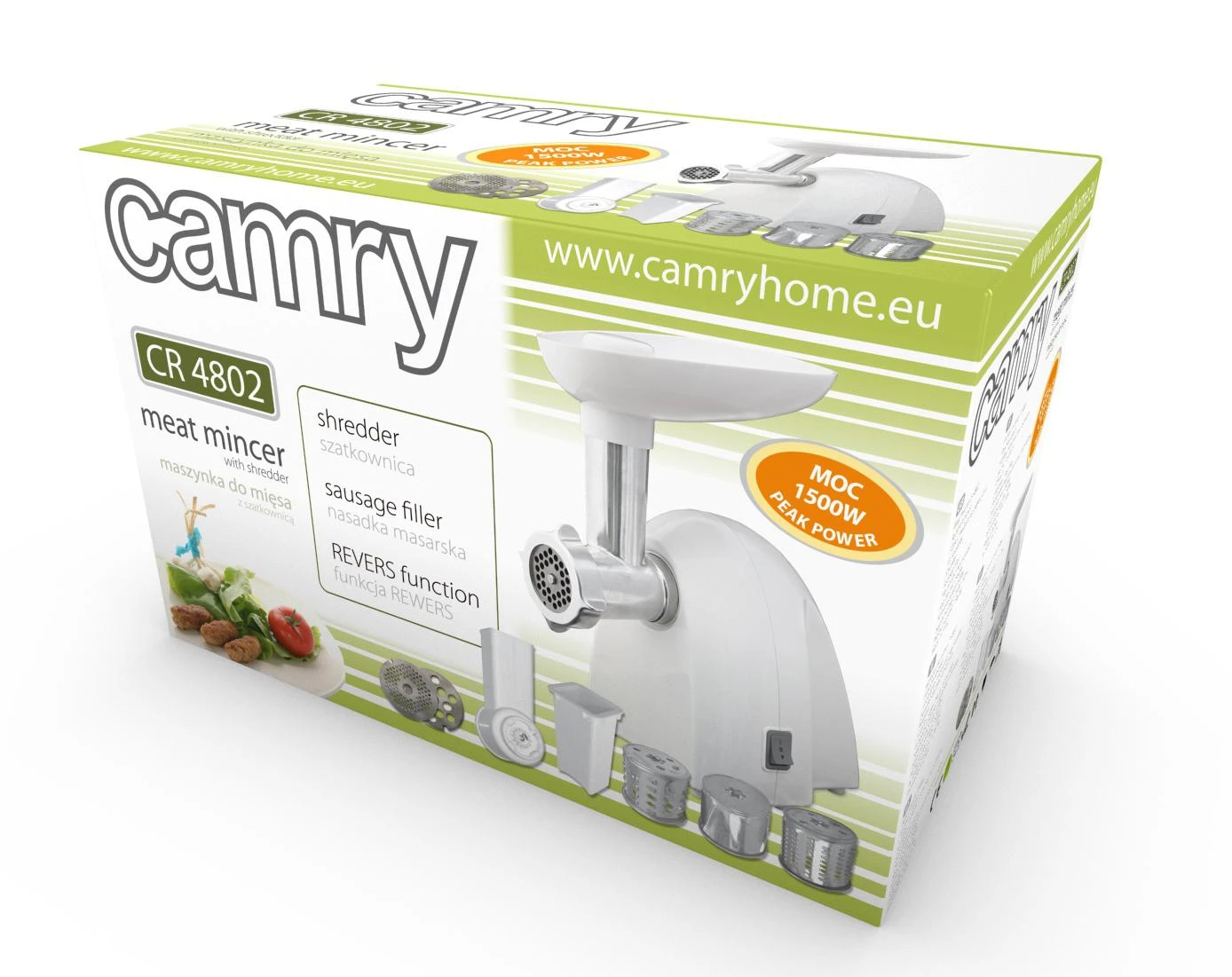 Mėsmalė Camry | CR 4802 | Baltas | 600-1500 W | Greičių skaičius 1 | Middle size sieve, mince sieve, poppy sieve, plunger, sausage filler, vegatable attachment.