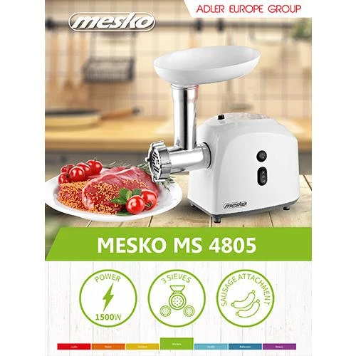 Mėsmalė Mesko | Mesko MS 4805 | Baltas | Middle size sieve, mince sieve, poppy sieve, plunger, sausage filler, kibbe attachment
