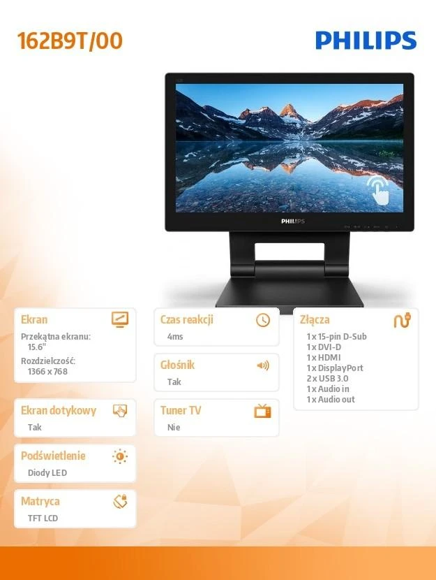 Monitorius Philips 162B9T/00 15.6" (39.6 cm), Juodos spalvos