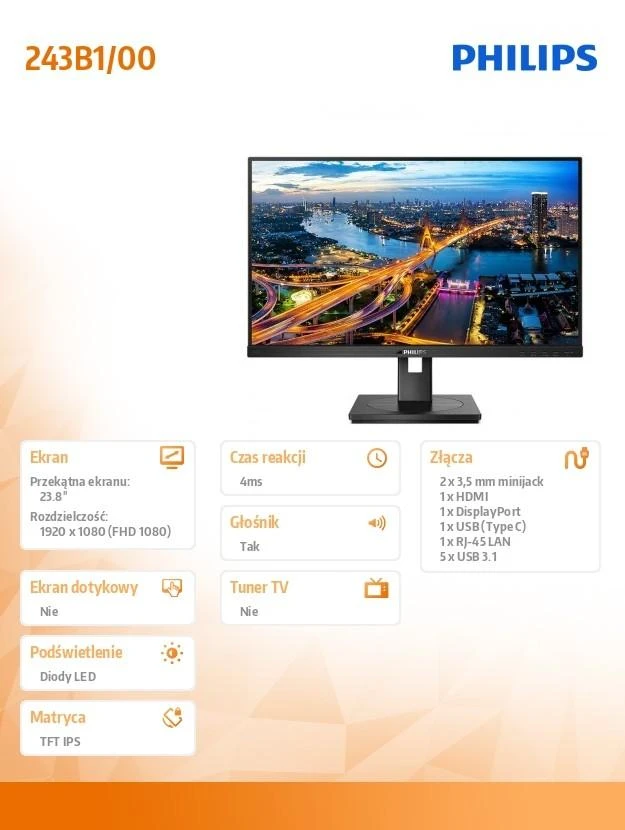 Monitorius Philips 243B1/00 23,8", Juodos spalvos