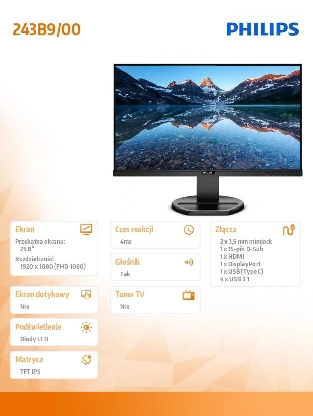 Philips B Line 243B9/00 kompiuterio monitorius 60,5 cm (23.8") 1920 x 1080 pikseliai „Full HD“ LED Juoda