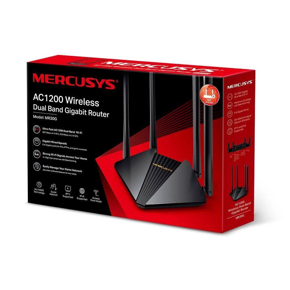 TP-Link „Mercusys“ | AC1200 belaidis dviejų dažnių gigabito maršrutizatorius | MR30G | 802.11ac | 867+300 Mbit/s | Ethernet LAN (RJ-45) jungtys 2× gigabito LAN prievadai | Tinklo ryšio palaikymas: Ne | MU-MiMO: Taip | Antenos tipas: 4× 5 dBi fiksuotos, daugiakryptės antenos | 24 mėn.